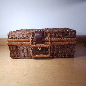 Vintage Picnic Basket Wicker Bamboo Suitcase Woven Lid Latched Mid Century